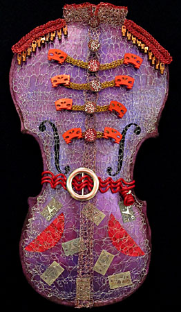 crocheted wire and cello sculpture